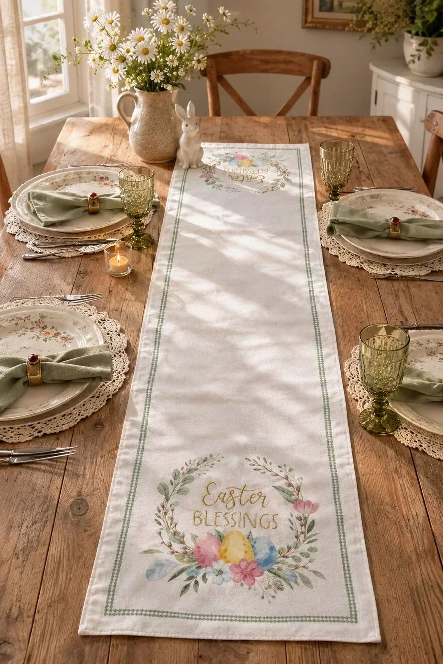 Easter Blessings Table Runner Spring Floral Eggs Farmhouse Holiday Decor 72 Inch
